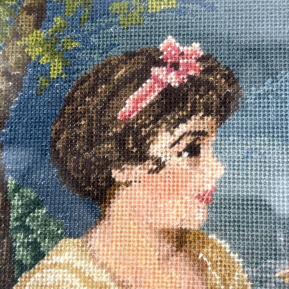 Vintage Framed Petit Point Girl Needlepoint Art Hand-Stitched Wall Decor - Picture 2 of 13